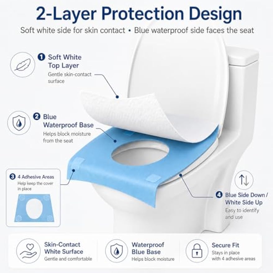 50 Count Disposable Toilet Seat Covers, XL Waterproof Travel Pack, Center Strip Stays Attached, Adhesive Tabs, Individually Wrapped for Public Restrooms, Airplane, Kids and Adults