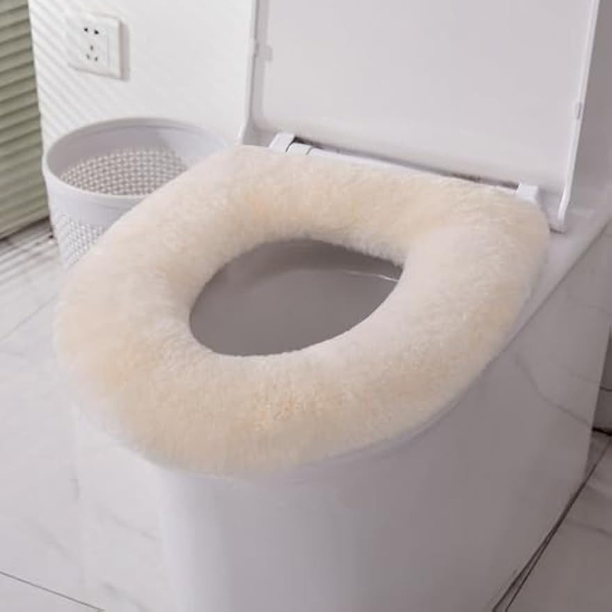 U&M Genuine Sheepskin Toilet Seat Cover Bathroom Soft Warm Reusable Real Fur Wool Toilet Seat Pads Easy Installation& Care