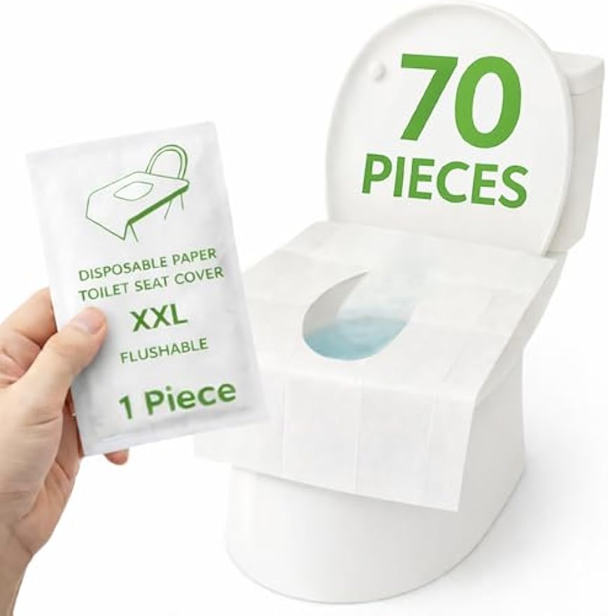 Individually Wrapped XXL Toilet Seat Covers Disposable Flushable for Travel (70 Pack), Full Coverage Paper Liners for Kids & Adults