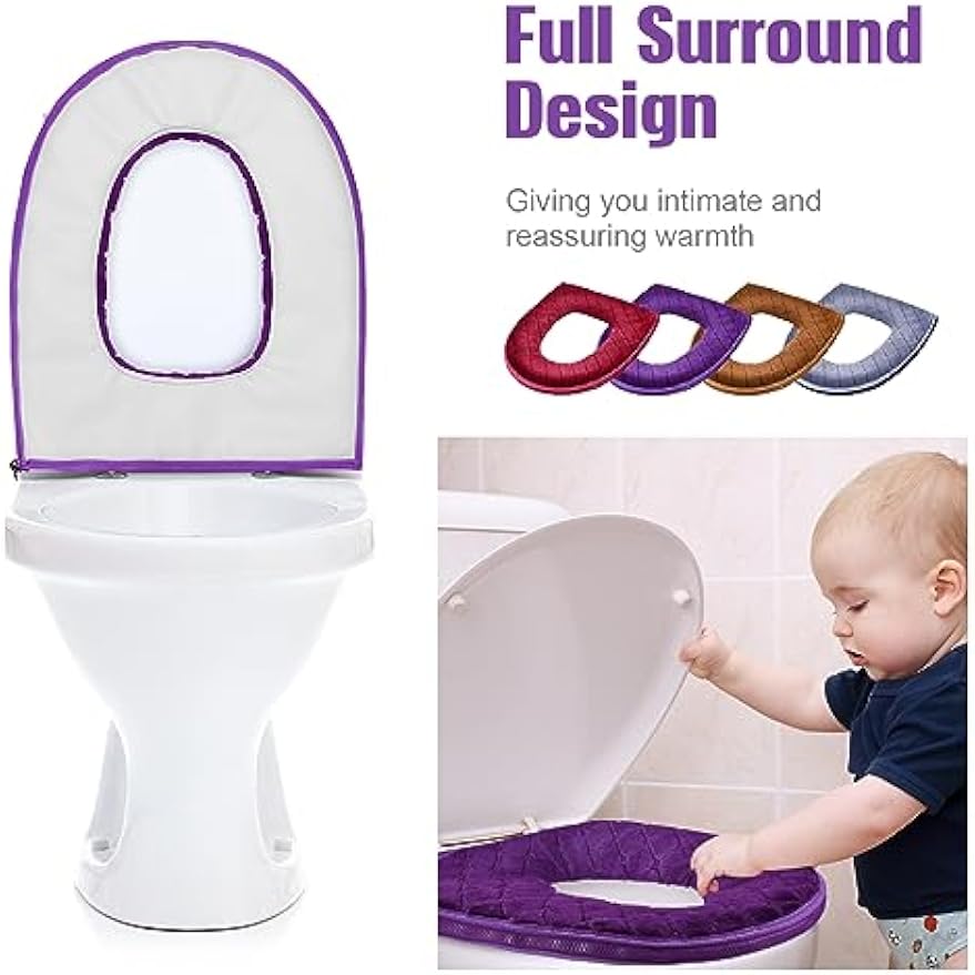 Riakrum 4 Pcs Toilet Seat Covers Warmer,Modern,Gray, Violet, Red, Brown | Comfortable Toilet Seat Cushion Cover, Soft Thicker Warmer Washable Pad with Zipper, Home Reusable Bulk