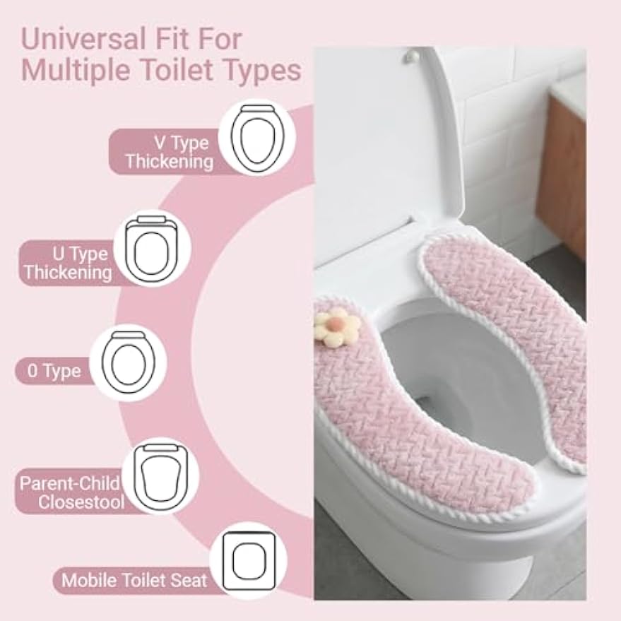 Padded Toilet Seat Warmer Cushion Washable(Pink) | Soft padded toilet seat warmer with handle, washable reusable cushion pad, adhesive backing, universal fit for winter comfort