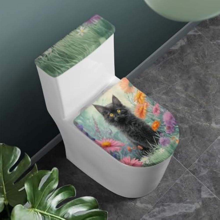 Set of 2 Cute Cat Velvet Toilet Lid Tank Cover Soft Decor Yellow Brown
