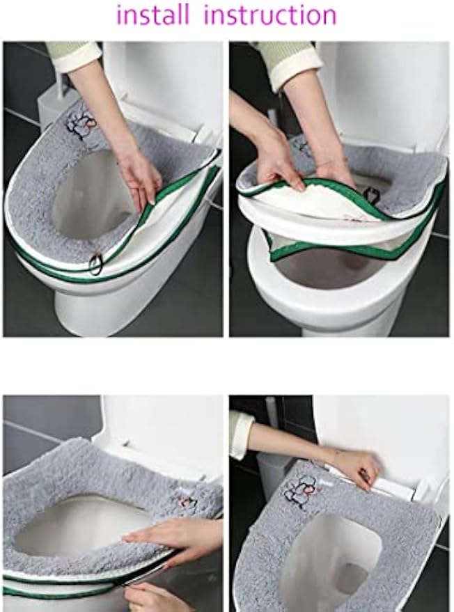 Warm Plush Washable Thicken Toilet Seat Cover Pads Mat with Handle and Zipper (Gray)