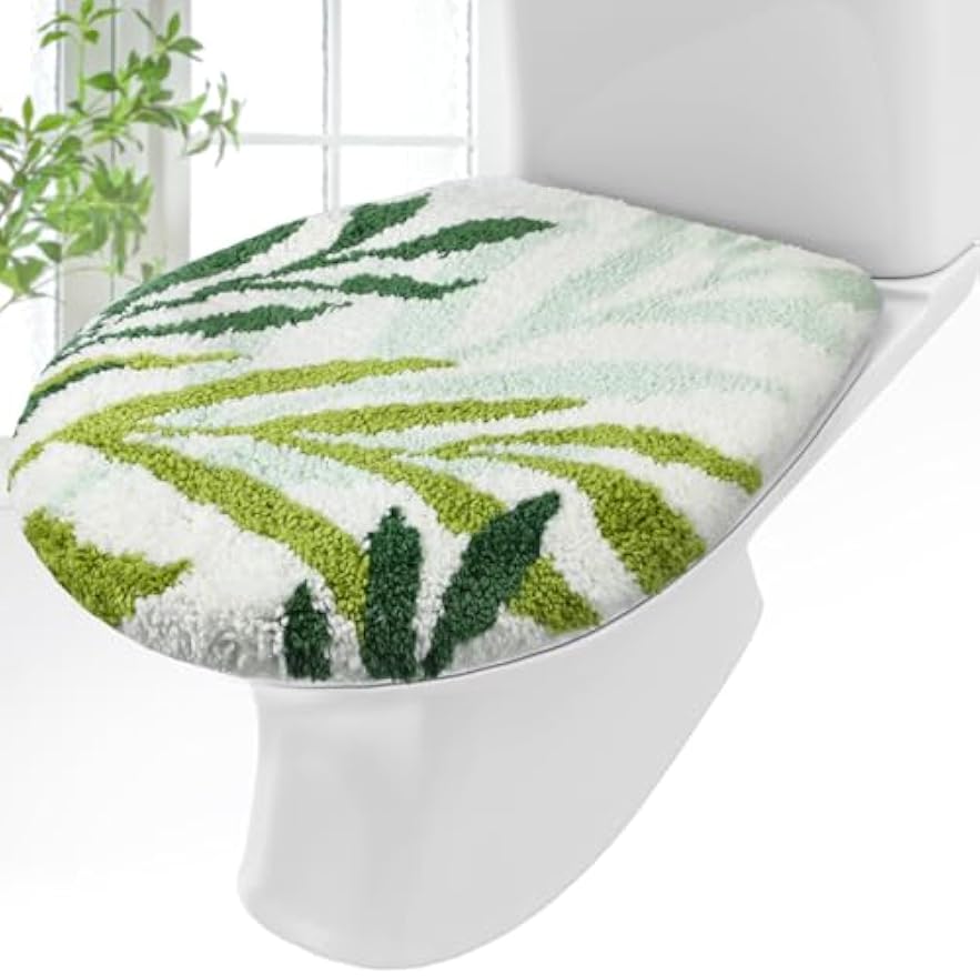 Mindsoft Green Toilet Seat Lid Cover, Microfiber Washable 17.5"x15" | Soft Plush Tufted, Rubber Backing Fits Round Elongated Oblong Lids, Machine Washable Non-slip, Bathroom Toilet Bowl