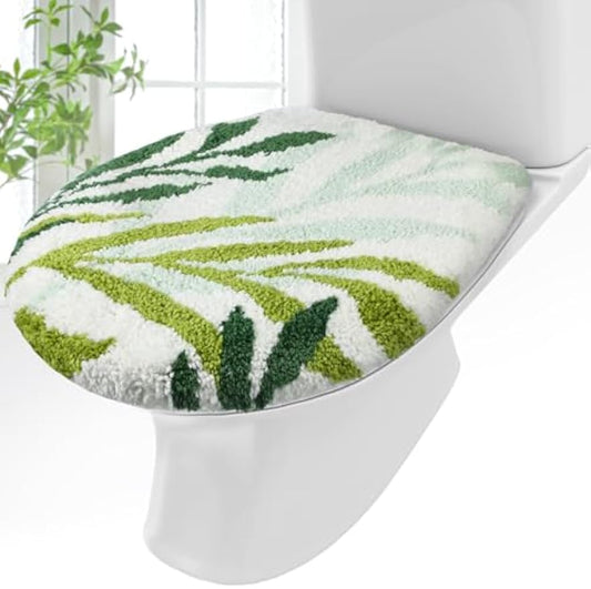 Mindsoft Green Toilet Seat Lid Cover, Microfiber Washable 17.5"x15" | Soft Plush Tufted, Rubber Backing Fits Round Elongated Oblong Lids, Machine Washable Non-slip, Bathroom Toilet Bowl