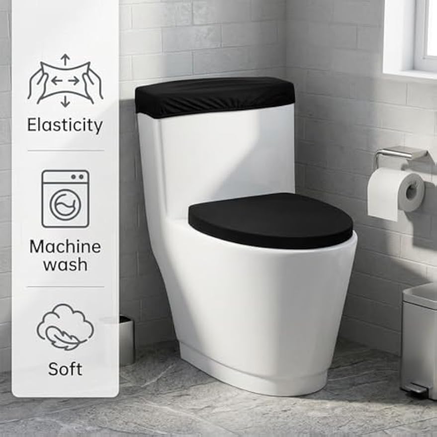 Larrel Black Toilet Lid Cover and Toilet Tank Lid Cover Set, Stretch Washable Polyester Toilet-Seat Covers, Universal Toilet-Cover Set for Most Toilets Tanks & Lids, Bathroom Decor Accessories