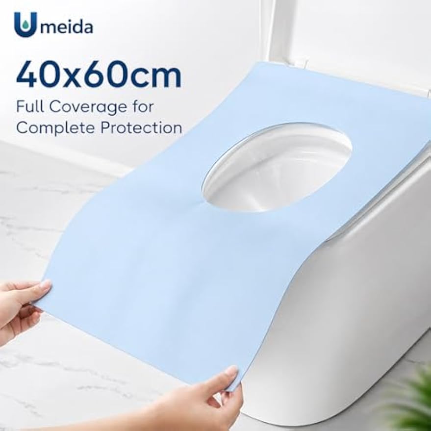 50 Count Disposable Toilet Seat Covers, XL Waterproof Travel Pack, Center Strip Stays Attached, Adhesive Tabs, Individually Wrapped for Public Restrooms, Airplane, Kids and Adults