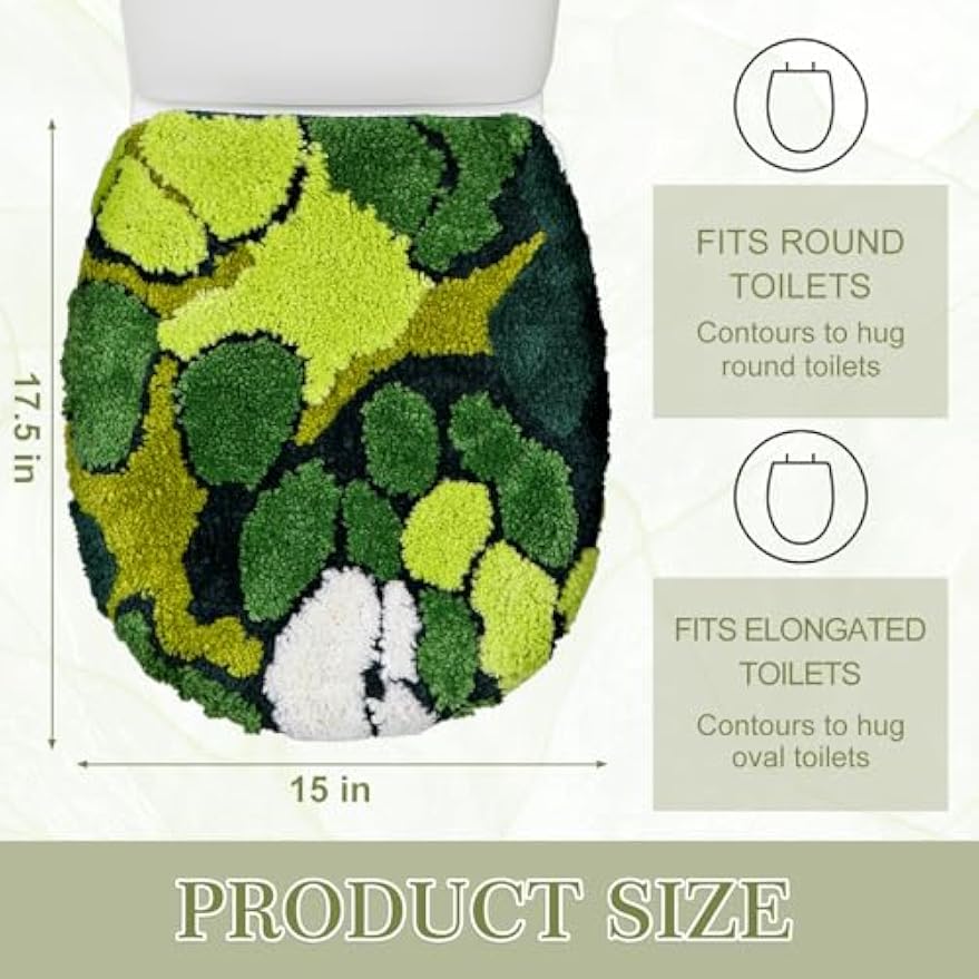FYSUIMU Green Moss Toilet Seat Cover Soft Absorbent Plush Tufted Toilet Lid Cover Adjustable Washable Rubber Backing Covers for Luxury Home Hotel Bathroom Decoration