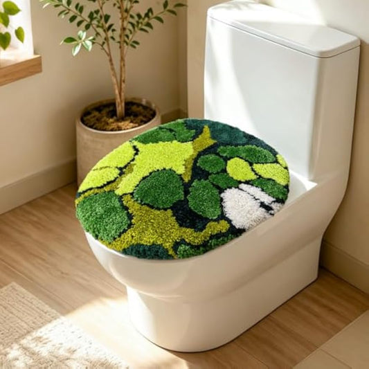 FYSUIMU Green Moss Toilet Seat Cover Soft Absorbent Plush Tufted Toilet Lid Cover Adjustable Washable Rubber Backing Covers for Luxury Home Hotel Bathroom Decoration