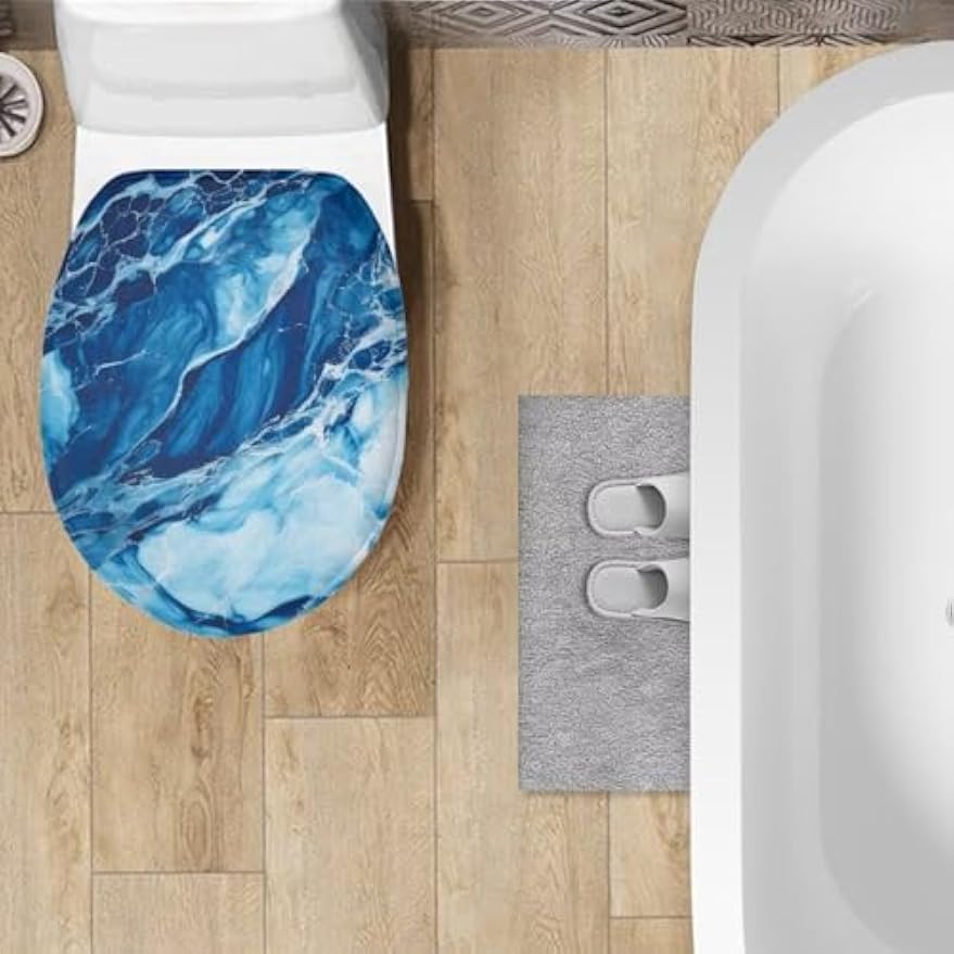 chaqlin Toilet Lid Cover Blue Marble Absorbent Flannel Oval Toilet Seat Covers for Bathroom, Washable Accessories Decor, Stretchable