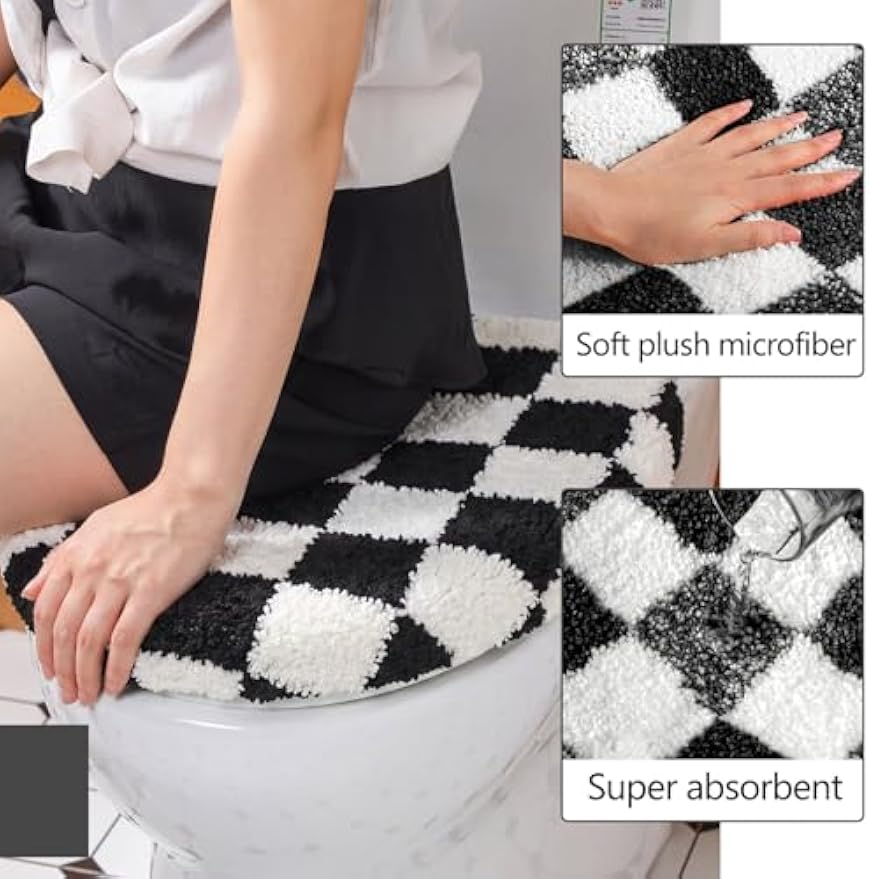 HunnmingRe Checkered Bathroom Toilet Lid Cover Soft Microfiber Toilet Top Cover 17.5" x 15" Washable Aesthetic Bathroom Decor Fits Most Round, Elongated and Oblong Lids, Machine Washable(Black White)