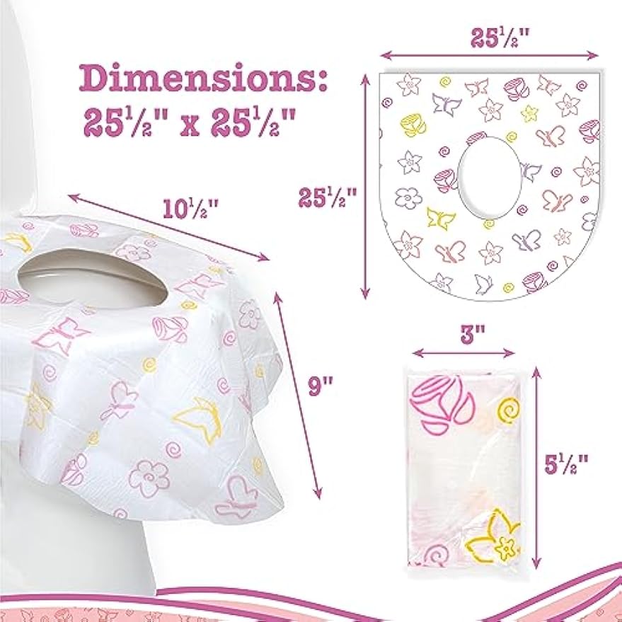 Potty Shields Waterproof Disposable Toilet Seat Covers, Floral 40 Pack | XL Toilet Covers for Toddlers, Kids & Adults, Portable & Individually Wrapped for Travel, Potty Training, & Public Restrooms