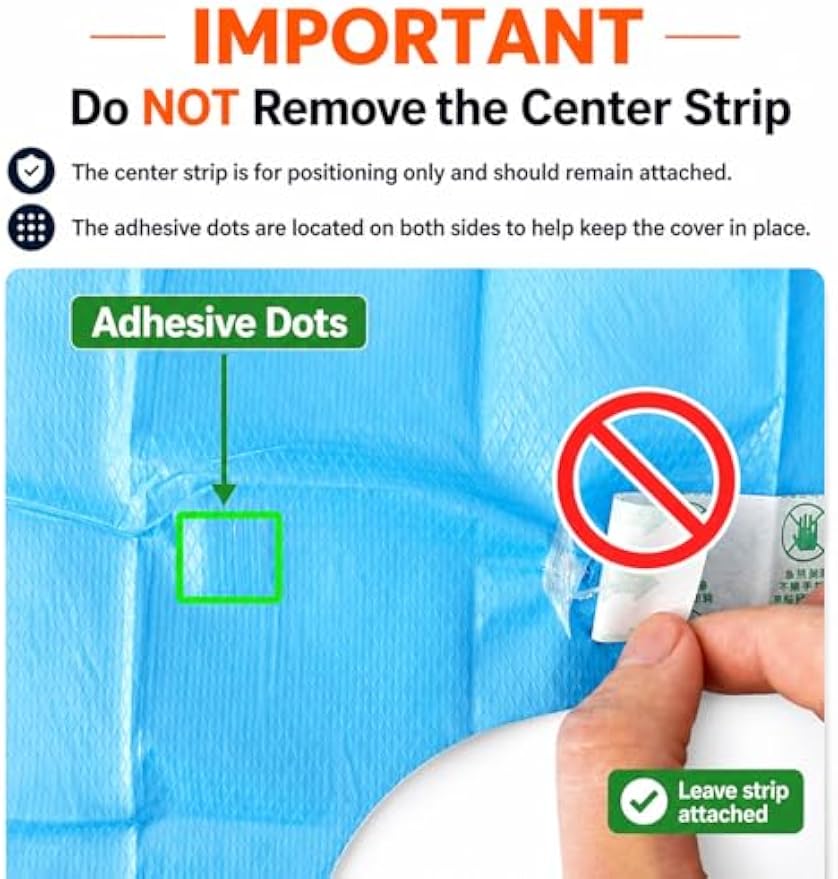 50 Count Disposable Toilet Seat Covers, XL Waterproof Travel Pack, Center Strip Stays Attached, Adhesive Tabs, Individually Wrapped for Public Restrooms, Airplane, Kids and Adults