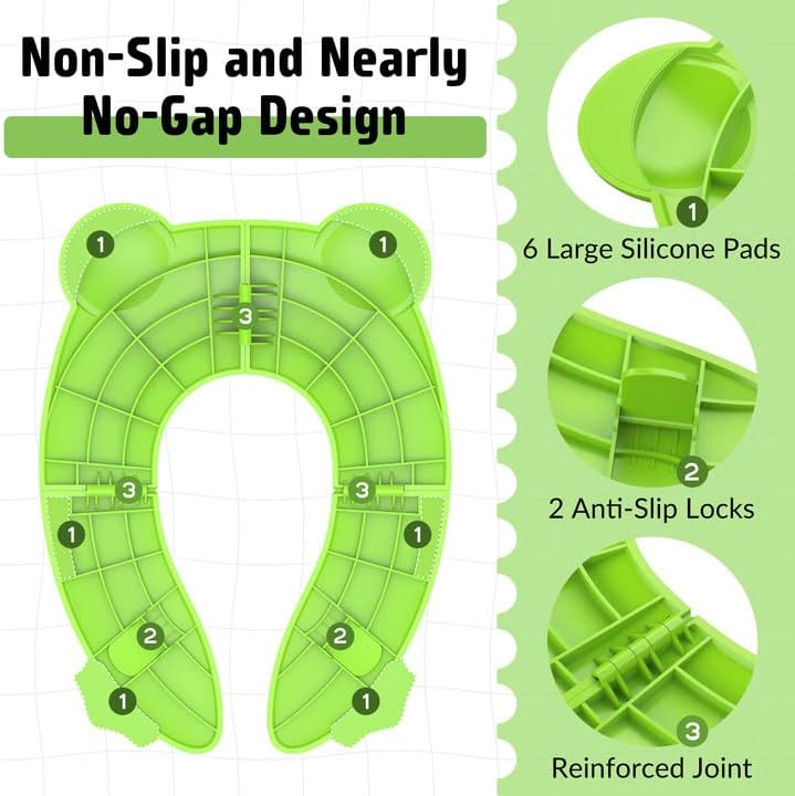 Maliton Foldable Travel Potty Training Seat for Toddlers, Green Frog | Portable Potty Seat for Toddler & Kids, Non-Slip Potty Training Toilet Seat Cover for Boys Girls, Includes Free Travel Bag