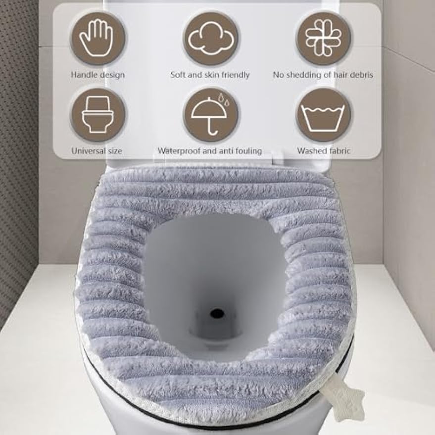 Toilet Seat Warmer Cover,Bathroom Soft Thicker Warmer with Zipper Snaps Fixed Stretchable Washable Fiber Cloth Toilet Seat Covers Pads Easy Installation& Cleaning (Gray)
