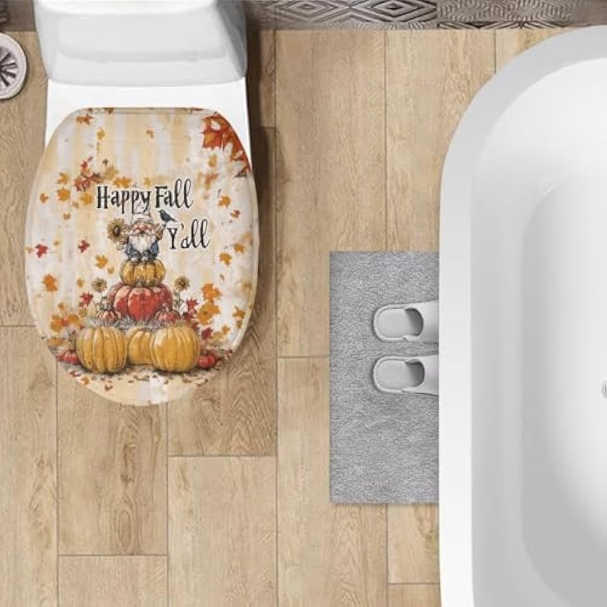 chaqlin Toilet Lid Cover with Elastic Straps and Non-Slip Backing Stays in Place Toilet Seat Lid Cover Fits Most Toilets Bathroom Decoration 17.3'' x 13'', Happy Fall Print