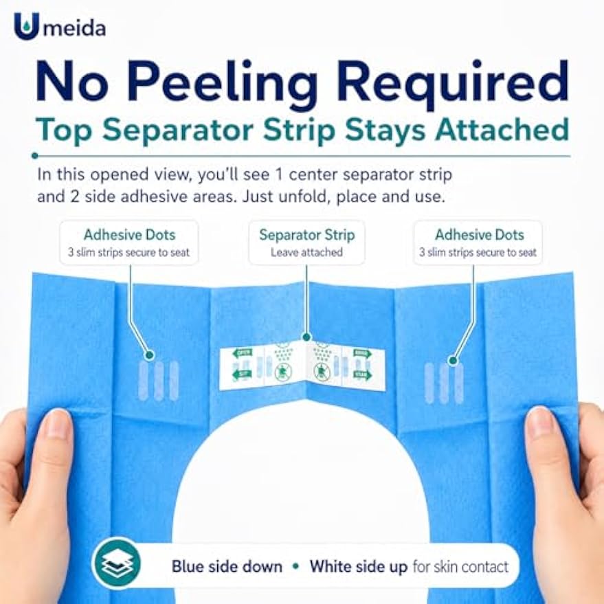 50 Count Disposable Toilet Seat Covers, XL Waterproof Travel Pack, Center Strip Stays Attached, Adhesive Tabs, Individually Wrapped for Public Restrooms, Airplane, Kids and Adults