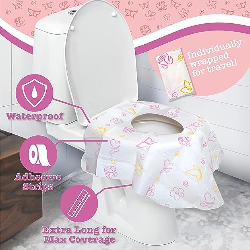 Potty Shields Waterproof Disposable Toilet Seat Covers, Floral 40 Pack | XL Toilet Covers for Toddlers, Kids & Adults, Portable & Individually Wrapped for Travel, Potty Training, & Public Restrooms