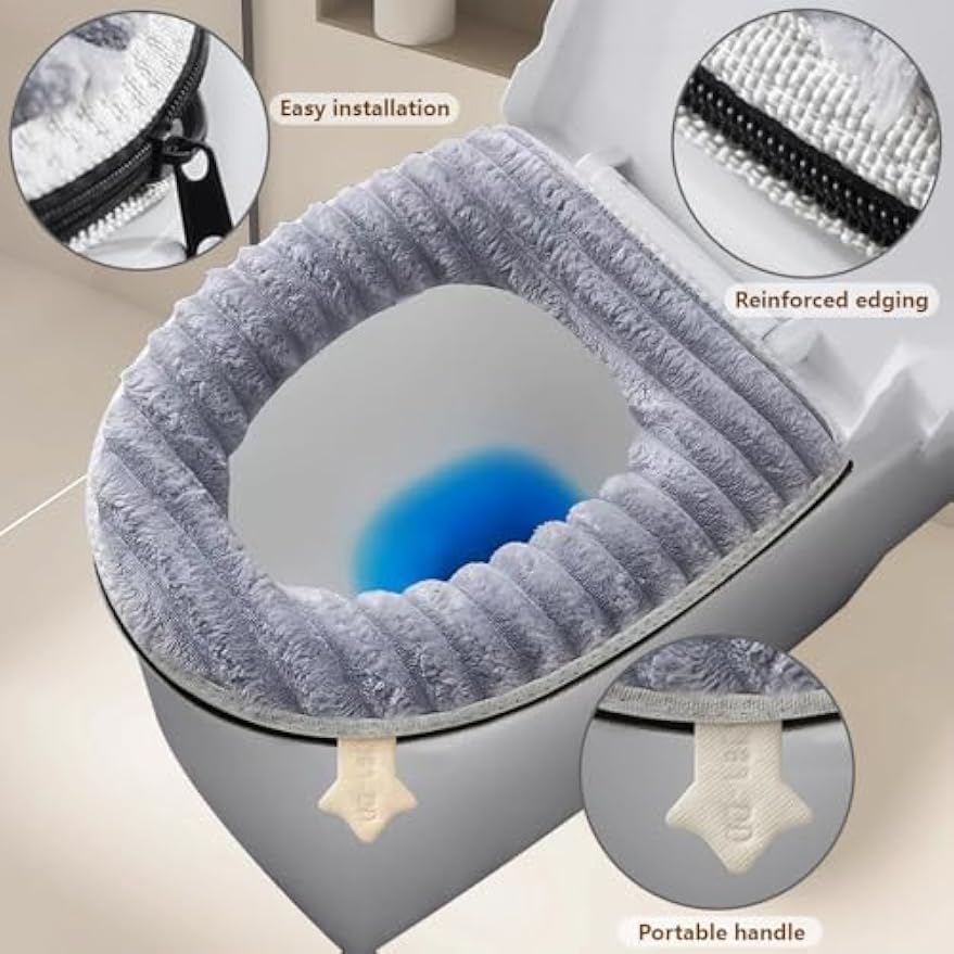 Toilet Seat Warmer Cover,Bathroom Soft Thicker Warmer with Zipper Snaps Fixed Stretchable Washable Fiber Cloth Toilet Seat Covers Pads Easy Installation& Cleaning (Gray)
