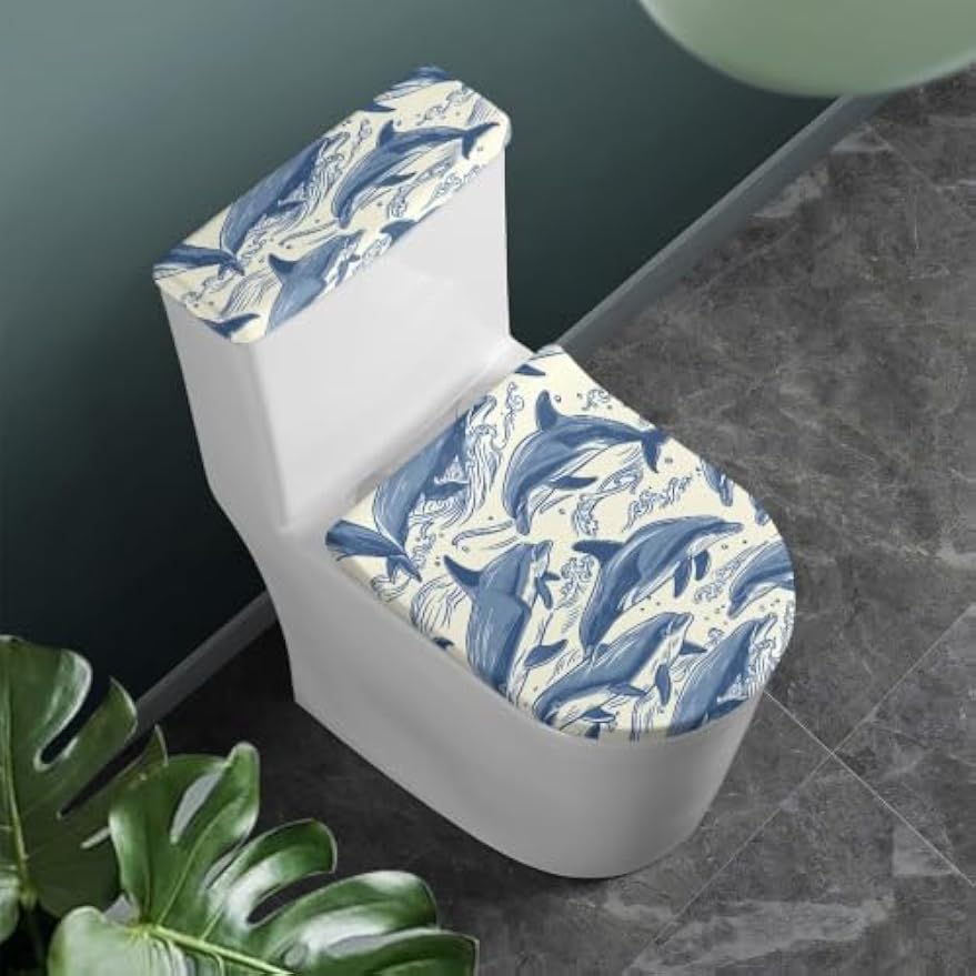 Set of 2 Japanese Waves Fish Toilet Lid Tank Cover Plush Navy White