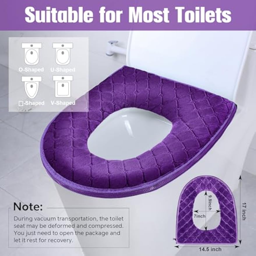 Riakrum 4 Pcs Toilet Seat Covers Warmer,Modern,Gray, Violet, Red, Brown | Comfortable Toilet Seat Cushion Cover, Soft Thicker Warmer Washable Pad with Zipper, Home Reusable Bulk