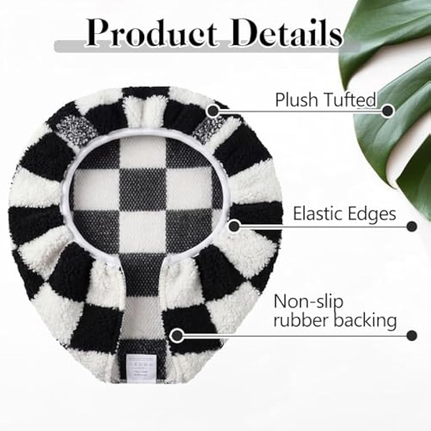 HunnmingRe Checkered Bathroom Toilet Lid Cover Soft Microfiber Toilet Top Cover 17.5" x 15" Washable Aesthetic Bathroom Decor Fits Most Round, Elongated and Oblong Lids, Machine Washable(Black White)