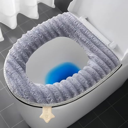 Toilet Seat Warmer Cover,Bathroom Soft Thicker Warmer with Zipper Snaps Fixed Stretchable Washable Fiber Cloth Toilet Seat Covers Pads Easy Installation& Cleaning (Gray)
