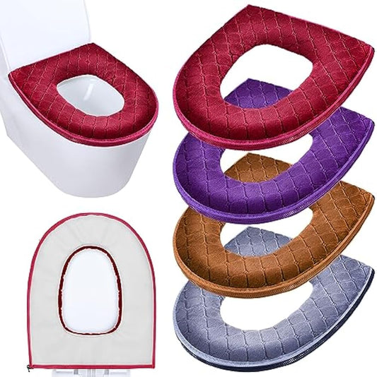 Riakrum 4 Pcs Toilet Seat Covers Warmer,Modern,Gray, Violet, Red, Brown | Comfortable Toilet Seat Cushion Cover, Soft Thicker Warmer Washable Pad with Zipper, Home Reusable Bulk