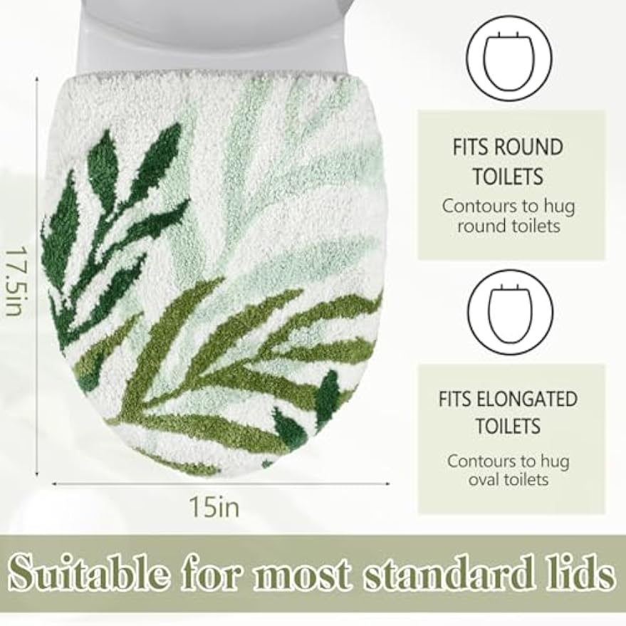 Mindsoft Green Toilet Seat Lid Cover, Microfiber Washable 17.5"x15" | Soft Plush Tufted, Rubber Backing Fits Round Elongated Oblong Lids, Machine Washable Non-slip, Bathroom Toilet Bowl