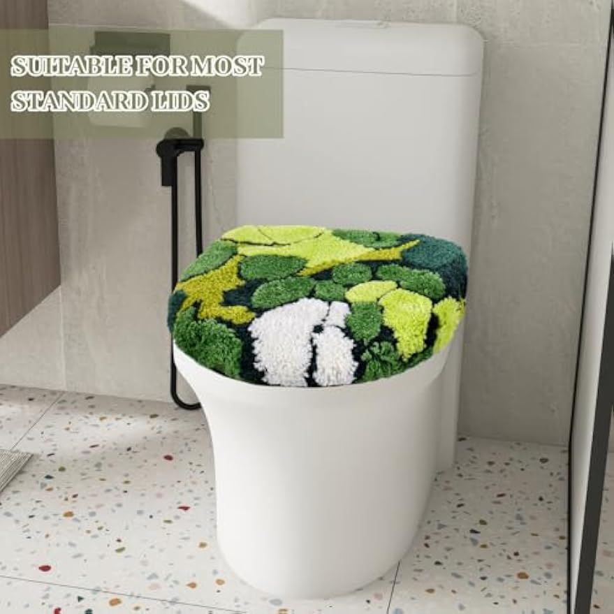 FYSUIMU Green Moss Toilet Seat Cover Soft Absorbent Plush Tufted Toilet Lid Cover Adjustable Washable Rubber Backing Covers for Luxury Home Hotel Bathroom Decoration