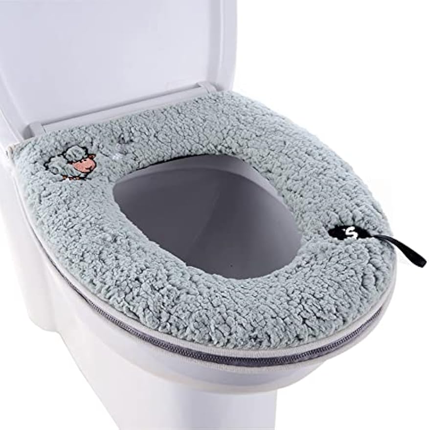 Warm Plush Washable Thicken Toilet Seat Cover Pads Mat with Handle and Zipper (Gray)
