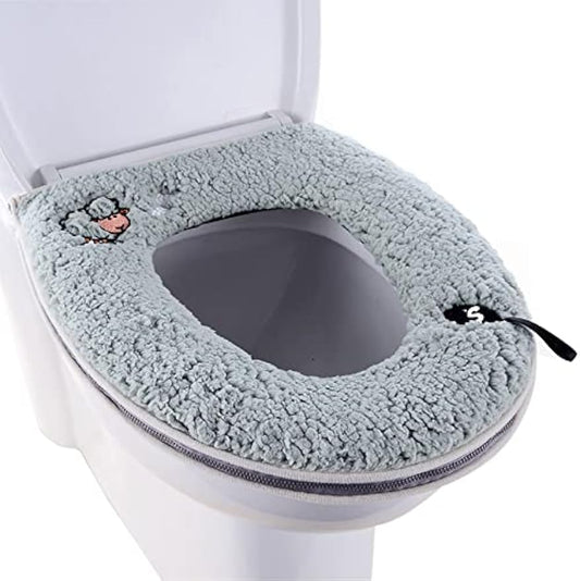 Warm Plush Washable Thicken Toilet Seat Cover Pads Mat with Handle and Zipper (Gray)