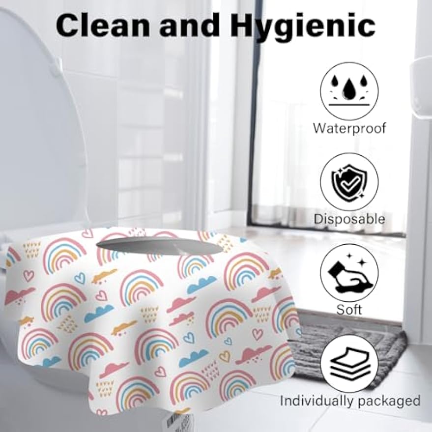 60 Pack Toilet Seat Covers Disposable, Extra Large Waterproof Toilet Cover for Toddlers & Adults, Individually Wrapped Travel Essential Portable Potty Training in Public Restrooms, Trip - Rainbow