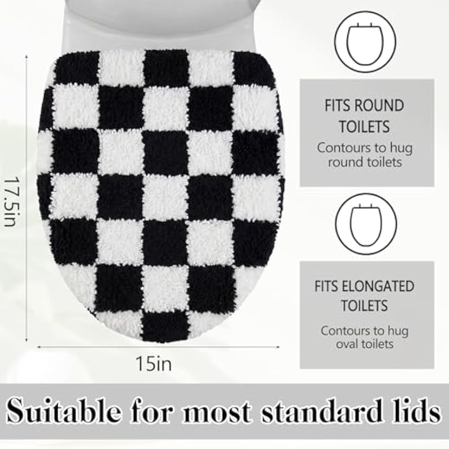 HunnmingRe Checkered Bathroom Toilet Lid Cover Soft Microfiber Toilet Top Cover 17.5" x 15" Washable Aesthetic Bathroom Decor Fits Most Round, Elongated and Oblong Lids, Machine Washable(Black White)