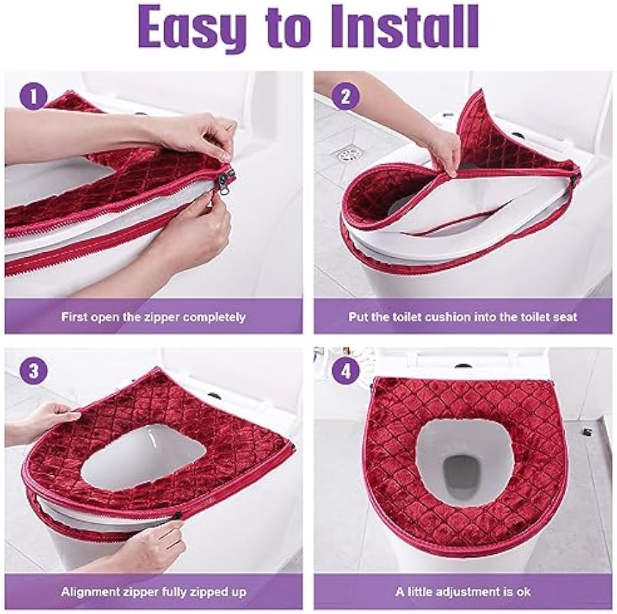 Riakrum 4 Pcs Toilet Seat Covers Warmer,Modern,Gray, Violet, Red, Brown | Comfortable Toilet Seat Cushion Cover, Soft Thicker Warmer Washable Pad with Zipper, Home Reusable Bulk