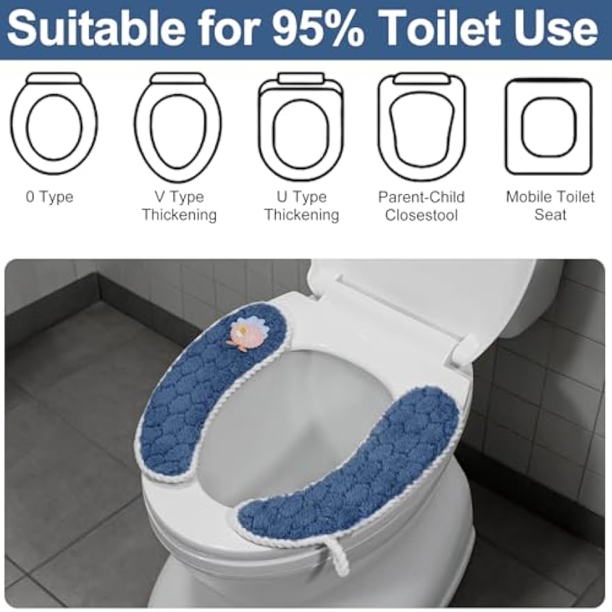Toilet Seat Cover Bathroom Toilet Seat Cushion Toilet Seat Warmer with Handle, Washable and Reusable Toilet Seat Pads for Winter, Fits All Toilet Seats, 2 Pairs, Blue