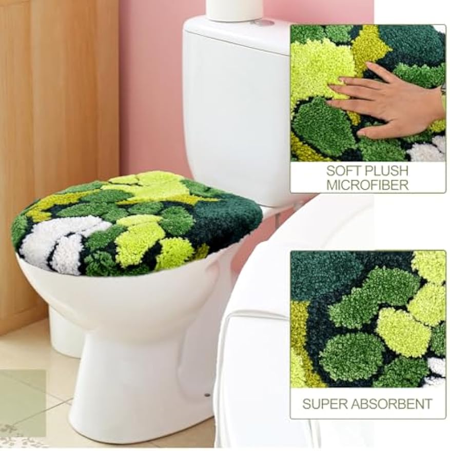 FYSUIMU Green Moss Toilet Seat Cover Soft Absorbent Plush Tufted Toilet Lid Cover Adjustable Washable Rubber Backing Covers for Luxury Home Hotel Bathroom Decoration
