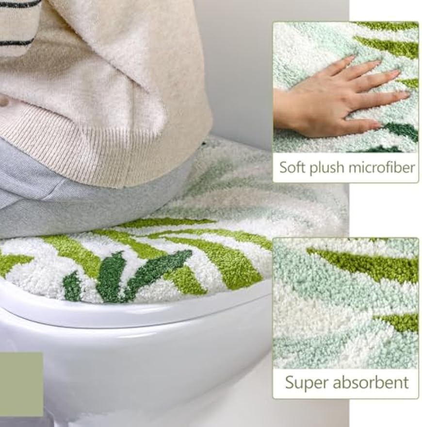 Mindsoft Green Toilet Seat Lid Cover, Microfiber Washable 17.5"x15" | Soft Plush Tufted, Rubber Backing Fits Round Elongated Oblong Lids, Machine Washable Non-slip, Bathroom Toilet Bowl