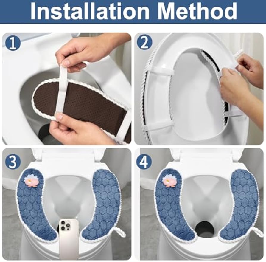 Toilet Seat Cover Bathroom Toilet Seat Cushion Toilet Seat Warmer with Handle, Washable and Reusable Toilet Seat Pads for Winter, Fits All Toilet Seats, 2 Pairs, Blue