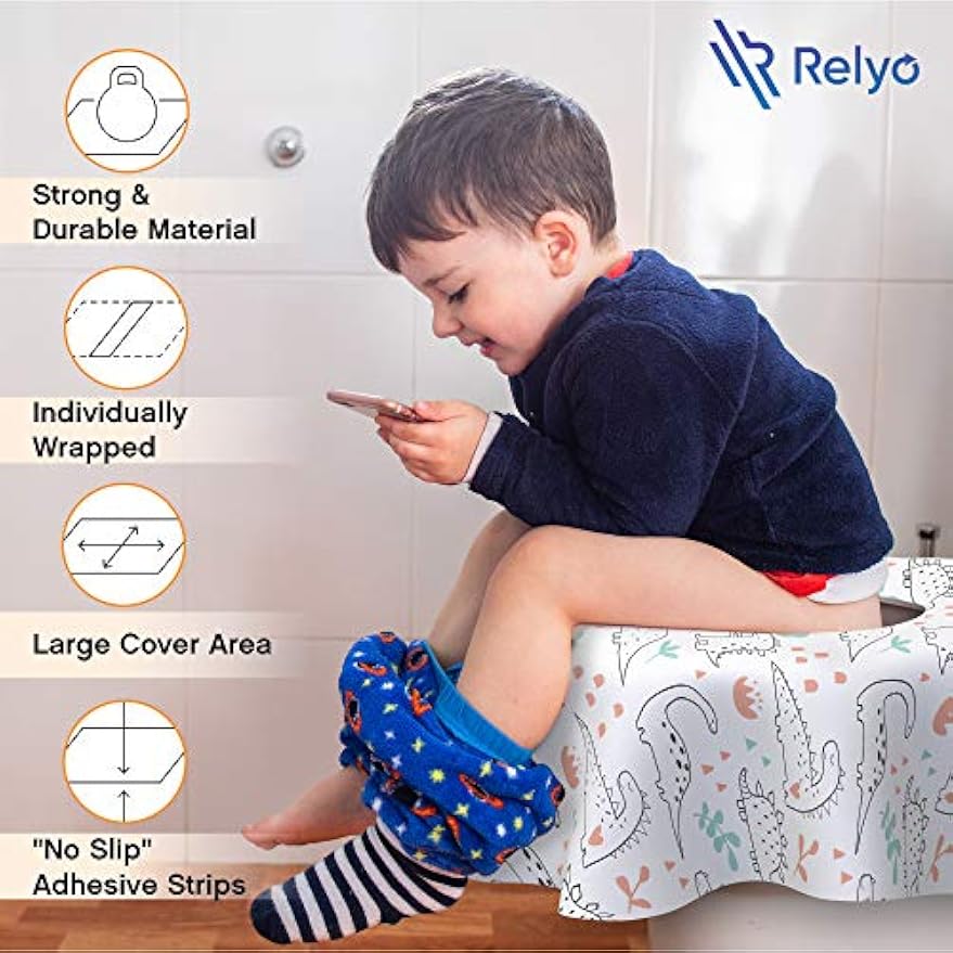 Relyo Disposable Toilet Seat Cover for Travel – 20 Pack with Covers Wrapped in Sets of 2, Non-Flushable Liners, Fits Most Seats – Kids, Toddlers, Adults (Dinosaurs, 20)