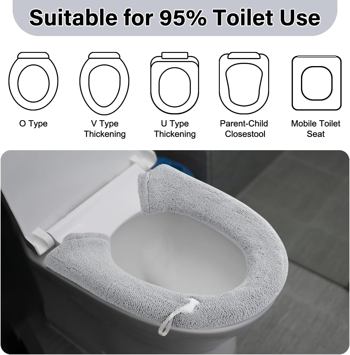 2 Packs Toilet Seat Cover, Plush Warm Bathroom Toilet Seat Cushion with Snaps Fixed Washable and Reusable Toilet Seat Lid Cover Pads, Fits Most Toilet Seats, Light Grey