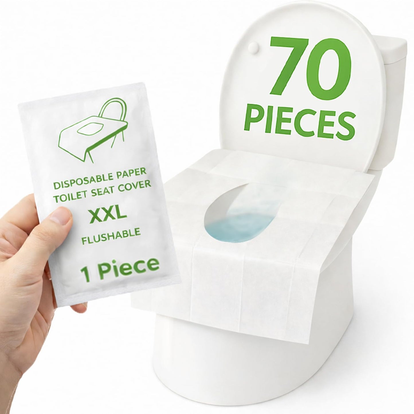 Individually Wrapped XXL Toilet Seat Covers Disposable Flushable for Travel (70 Pack), Full Coverage Paper Liners for Kids & Adults