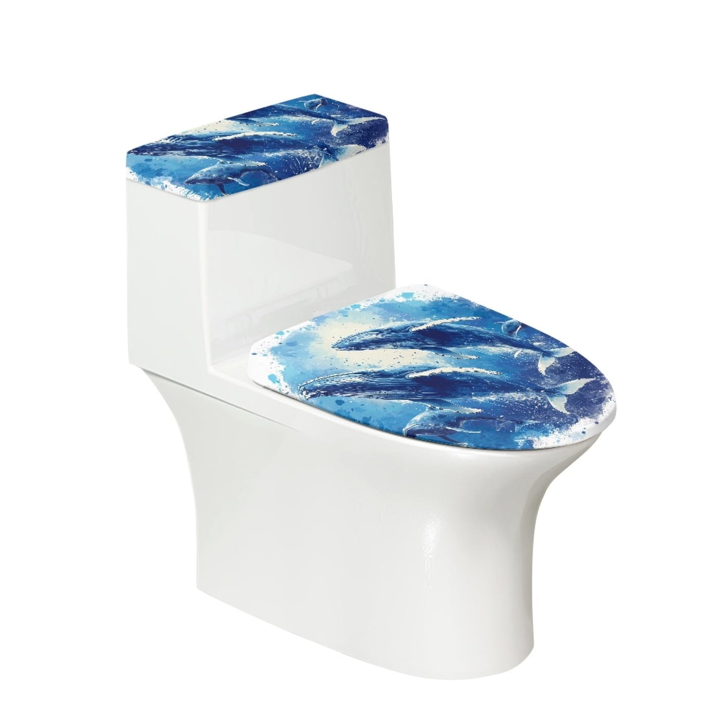 Set of 2 Japanese Waves Fish Toilet Lid Tank Cover Plush Navy White