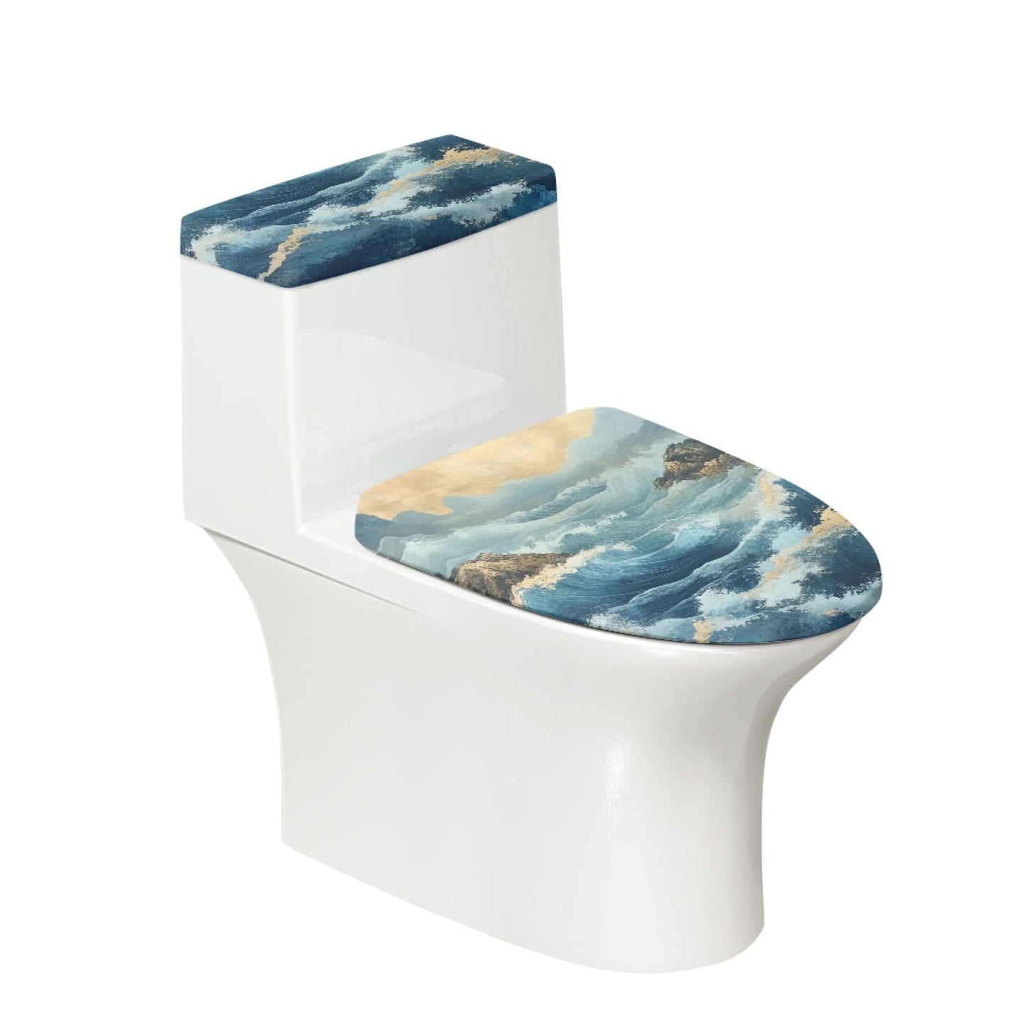 Set of 2 Japanese Waves Fish Toilet Lid Tank Cover Plush Navy White