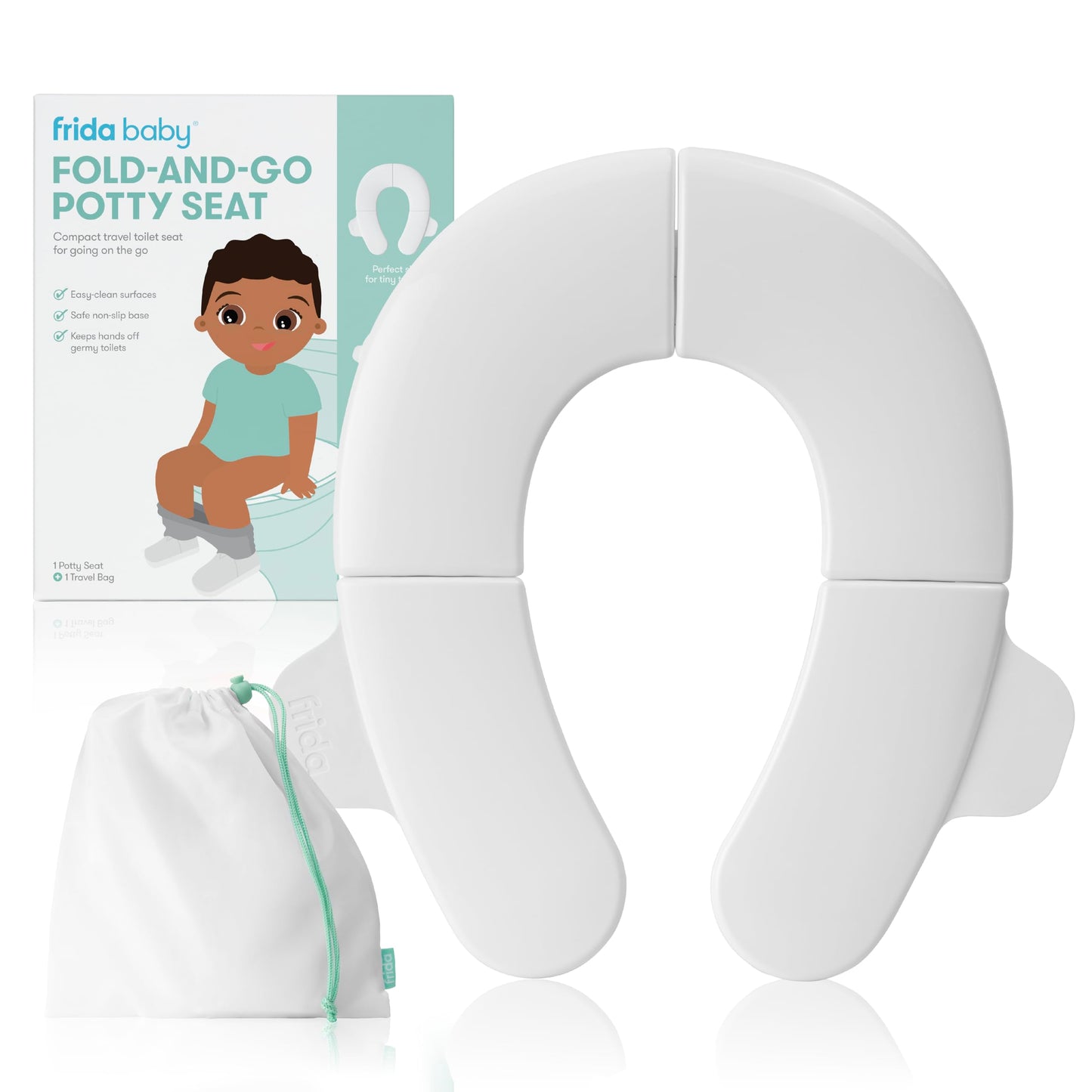 Frida Baby Fold-and-Go Portable Potty Seat for Toilet, Toddlers, Free Bag | Foldable Travel Potty Seat Fits Round & Oval Toilets, Non-Slip Base, Handles, Free Travel Bag