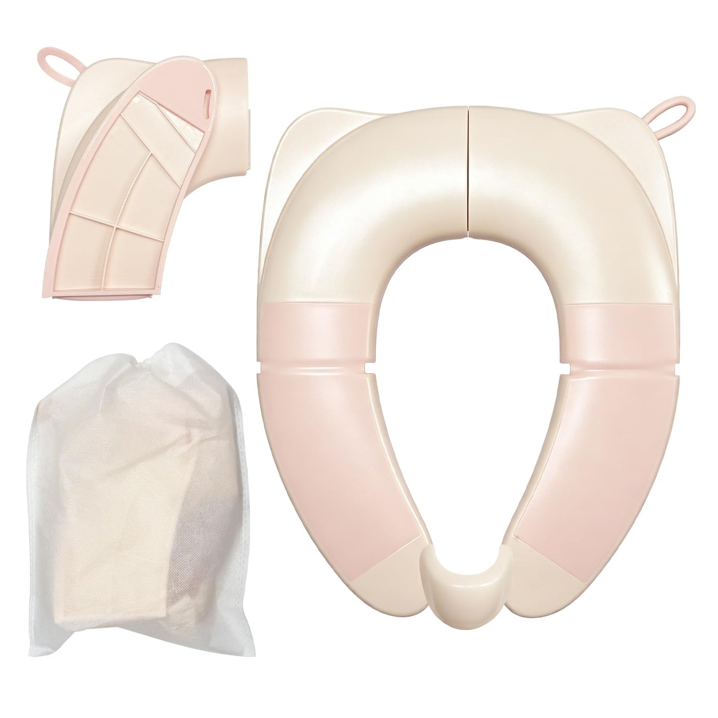 Kids Foldable Toilet Seat with Storage Bag - Training Urine Anti-Slip Toilet Seat Cover with Splash Guard for Children Toddlers, Portable & Travel-Friendly Easy Clean Universal Fit-White