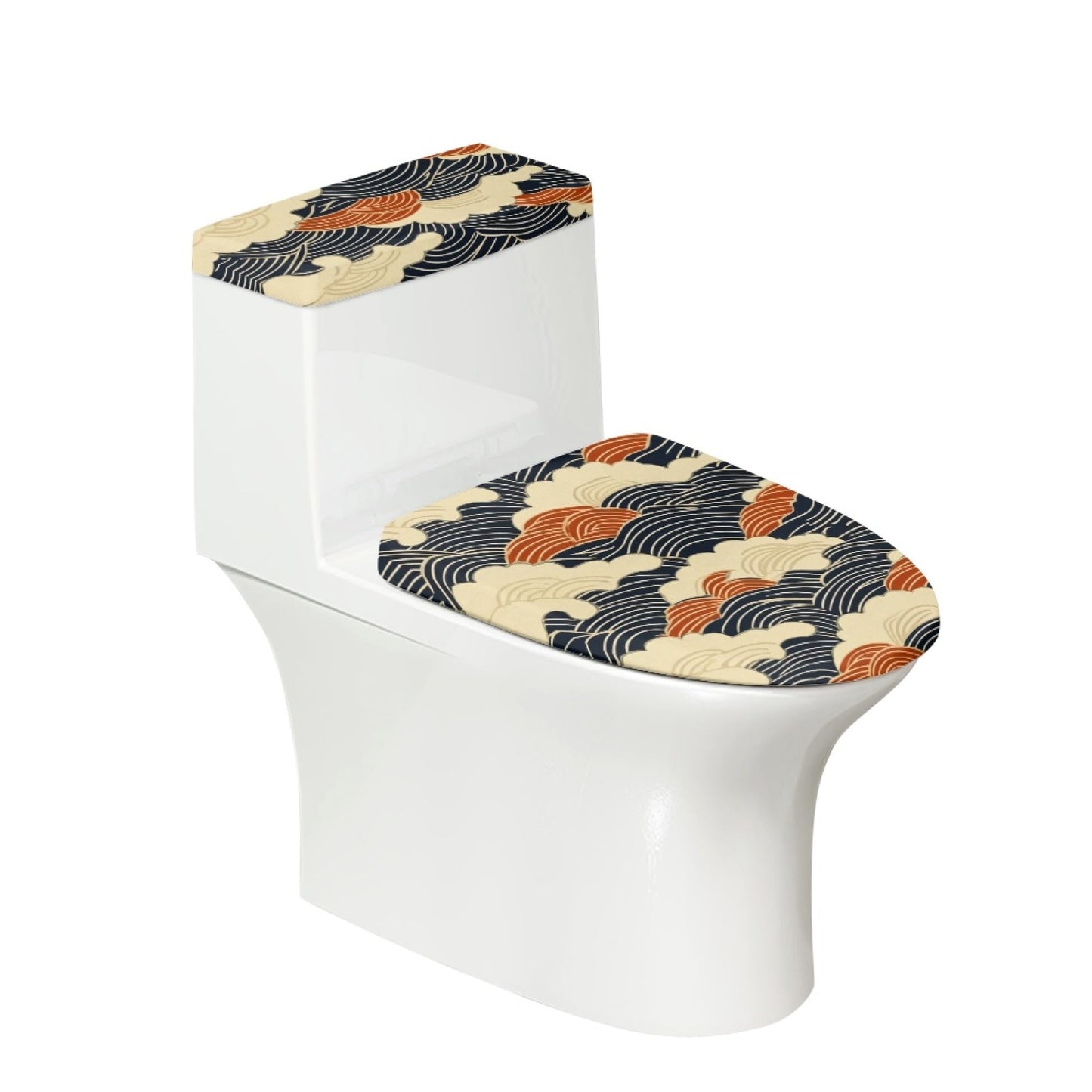 Set of 2 Japanese Waves Fish Toilet Lid Tank Cover Plush Navy White