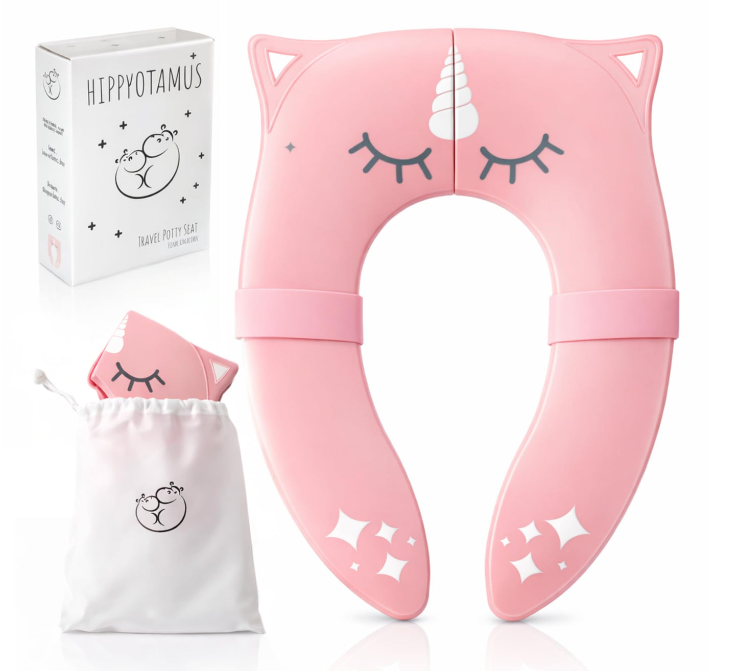 Hippypotamus Travel Potty Seat for Toddler - No-Pinch Folding Potty Training Seat - Non-Slip Silicone Grips - Includes Free Travel Bag (PINK Unicorn)