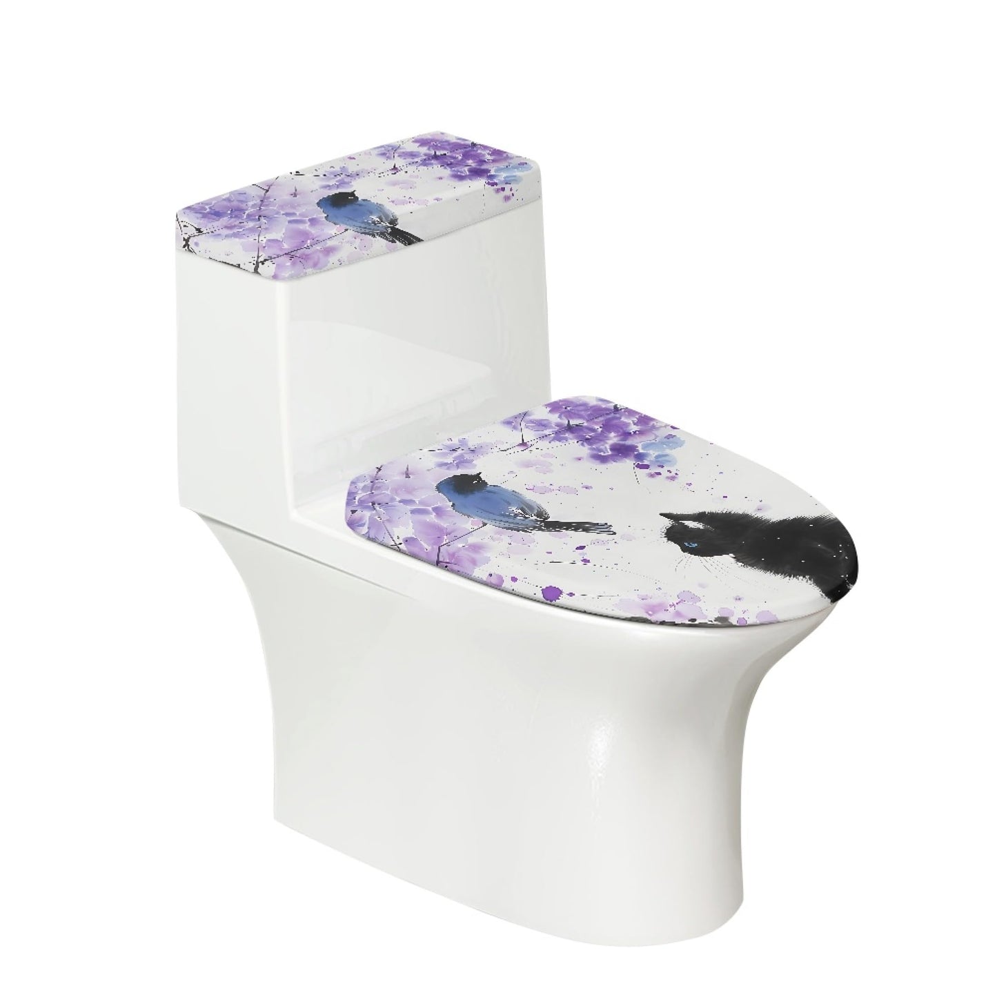 Set of 2 Cat Print Toilet Lid Tank Cover Soft Plush Set gray black