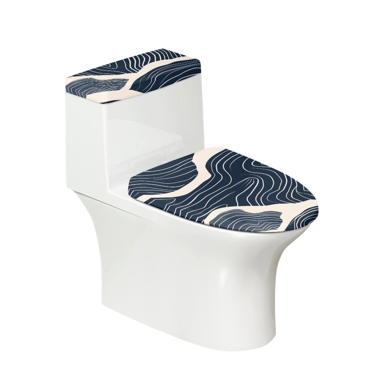 Set of 2 Japanese Waves Octopus Toilet Lid Tank Cover Art Teal Blue